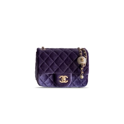 CHANEL MINI FLAP BAG VELVET, DIAMANT & GOLD-TONE METAL PURPLE AS1786 (18*13*7cm)